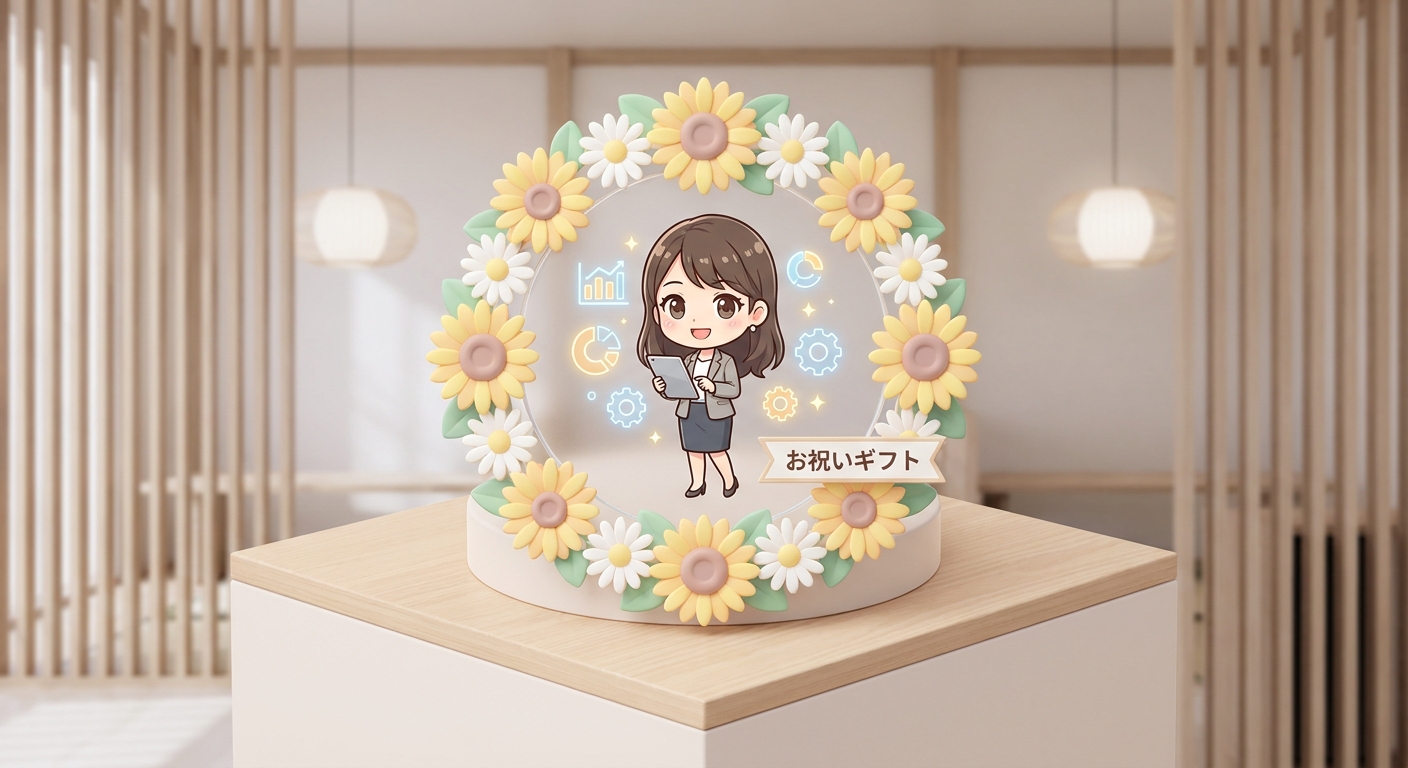 An illustrator-style character panel surrounded by a gorgeous ring of sunflowers and white chamomile blossoms, designed 