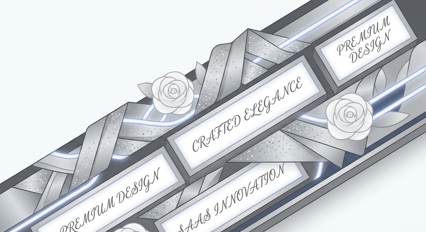 A detailed close-up shot showcasing various design elements of a silver flossta: shimmering silver fabrics, elegant whit