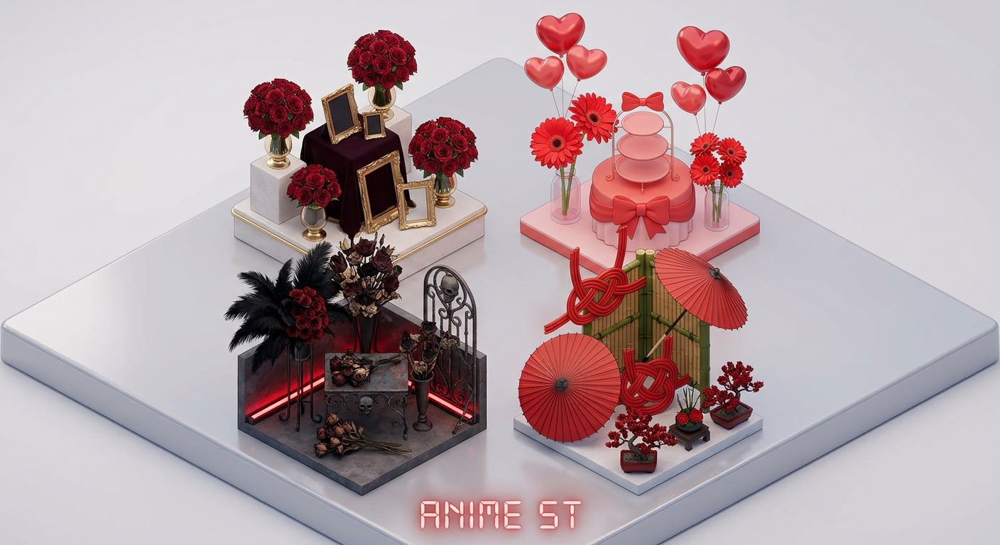 A collage of four different styles of red-themed flower stands. Top-left: elegant and classic with deep red roses and go