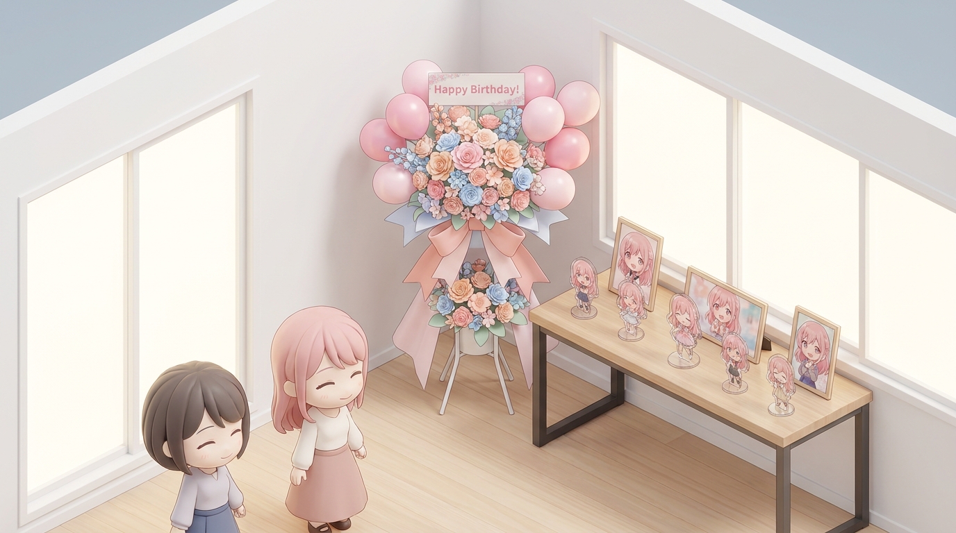 A beautiful and colorful flower stand (flasta) decorated with pastel pink balloons and flowers, set up in a bright renta