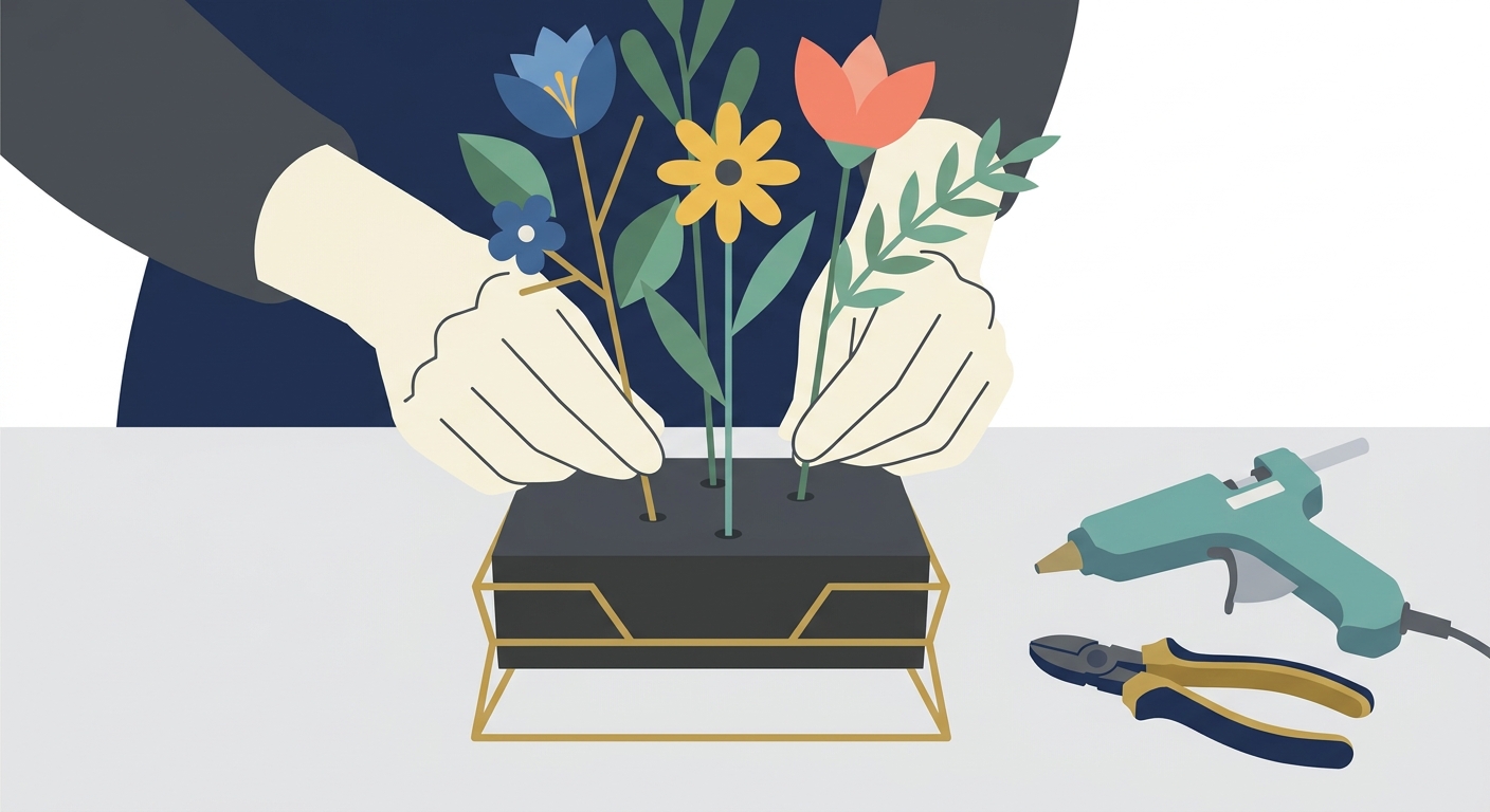 Close-up shot of hands arranging artificial flowers into a flower stand base, showing the technique of inserting stems i