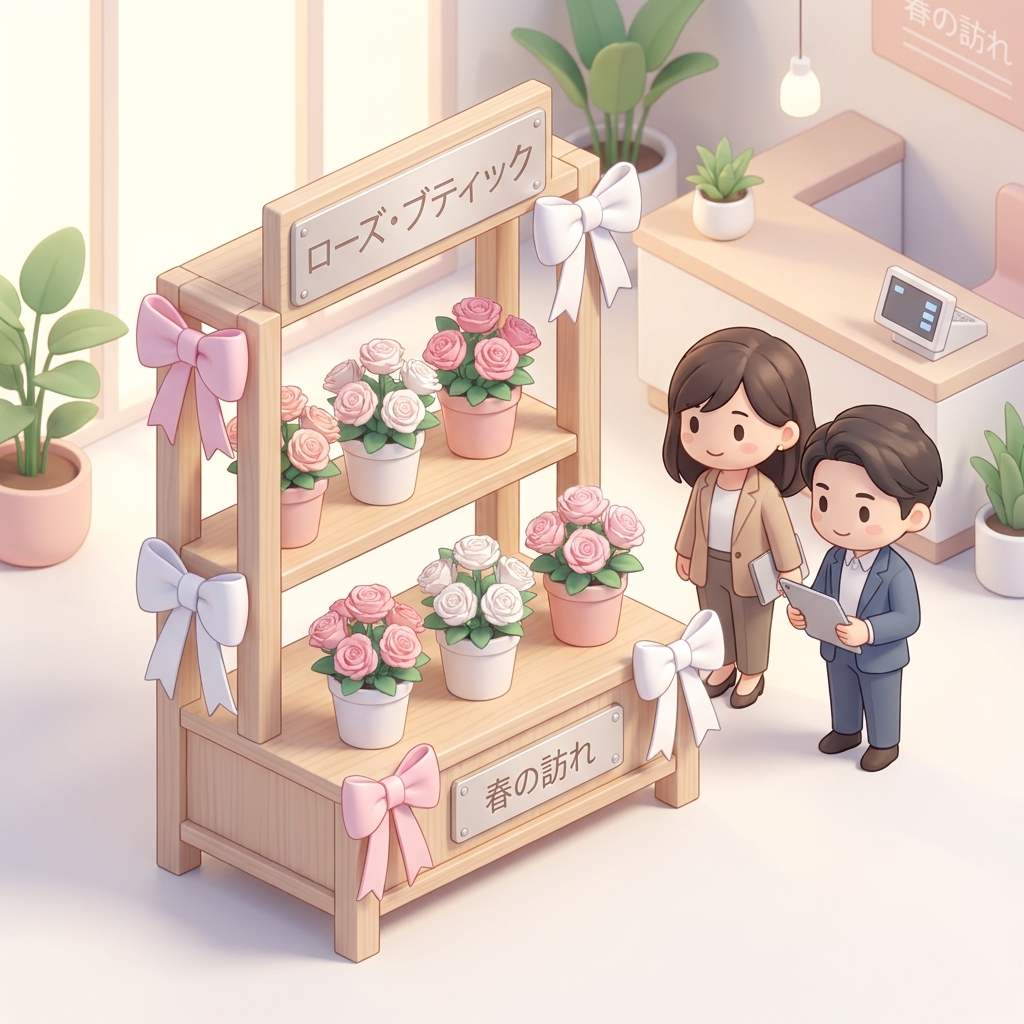 An elegant, two-tier flower stand featuring pastel pink and white roses, decorated with large satin bows and custom name