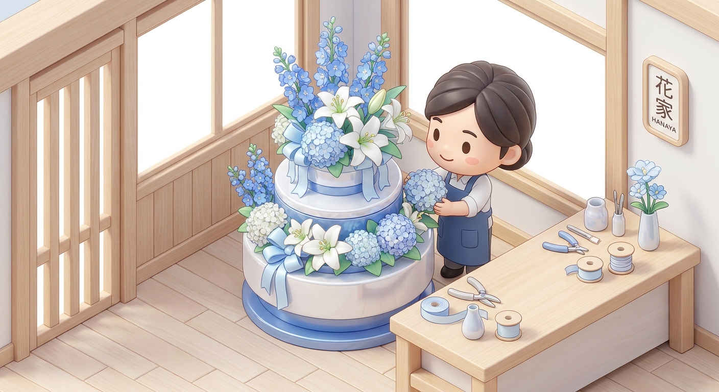 A professional florist carefully assembling a grand flower stand with vibrant blue and white flowers and elegant ribbons