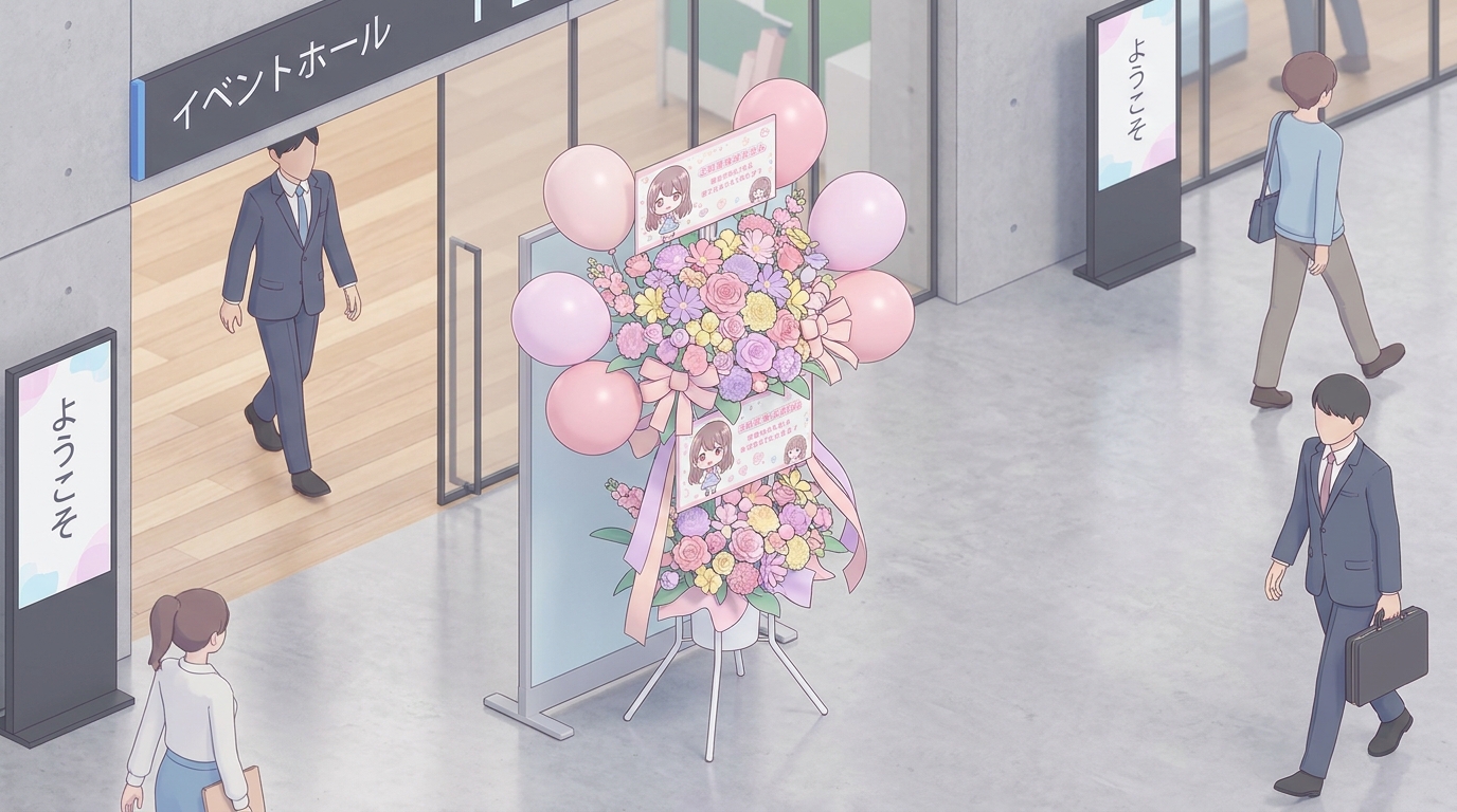 A vibrant and colorful double-tier flower stand (flasta) decorated with pastel pink balloons and custom character panels