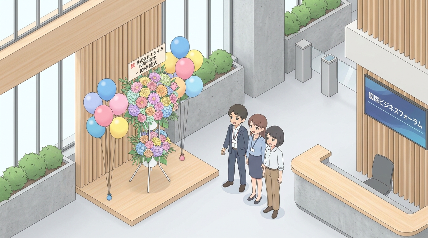 A colorful and vibrant flower stand (flasta) with balloons and a beautifully printed nameplate, standing in a brightly l