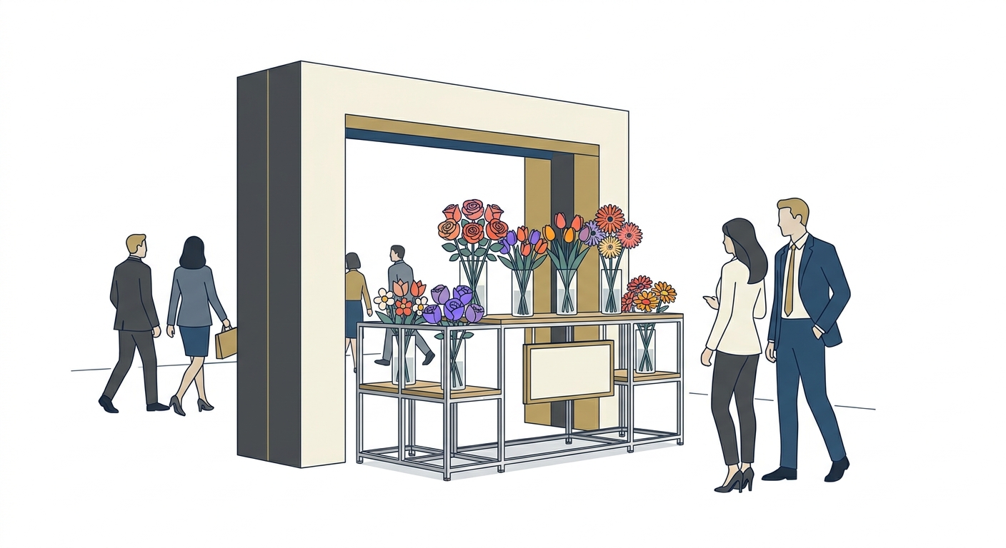 A vibrant and elegant flower stand (furasta) proudly displayed at an event entrance, featuring various colorful flowers,