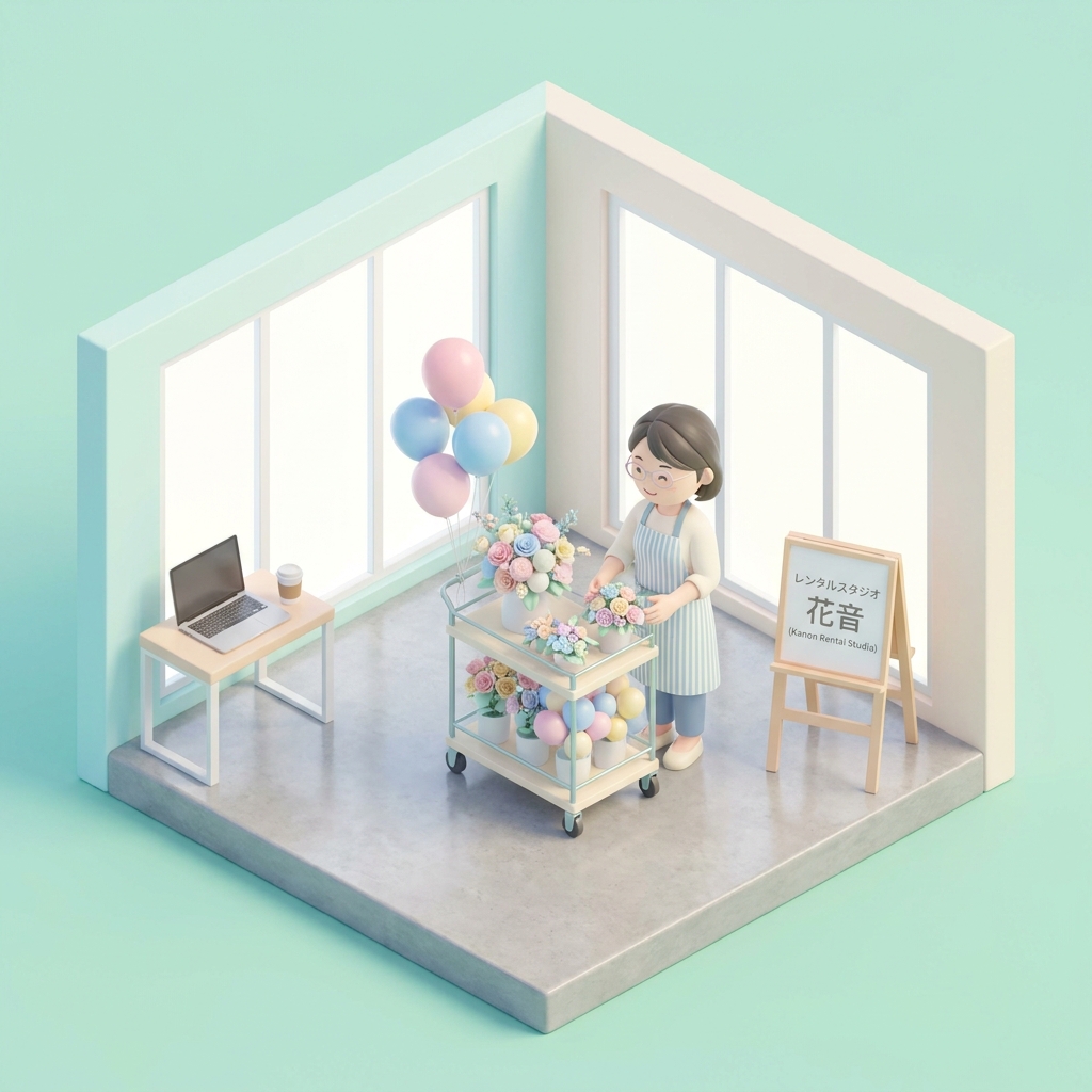 A professional florist carefully setting up a beautiful pastel flower stand with balloons in a bright, spacious rental s