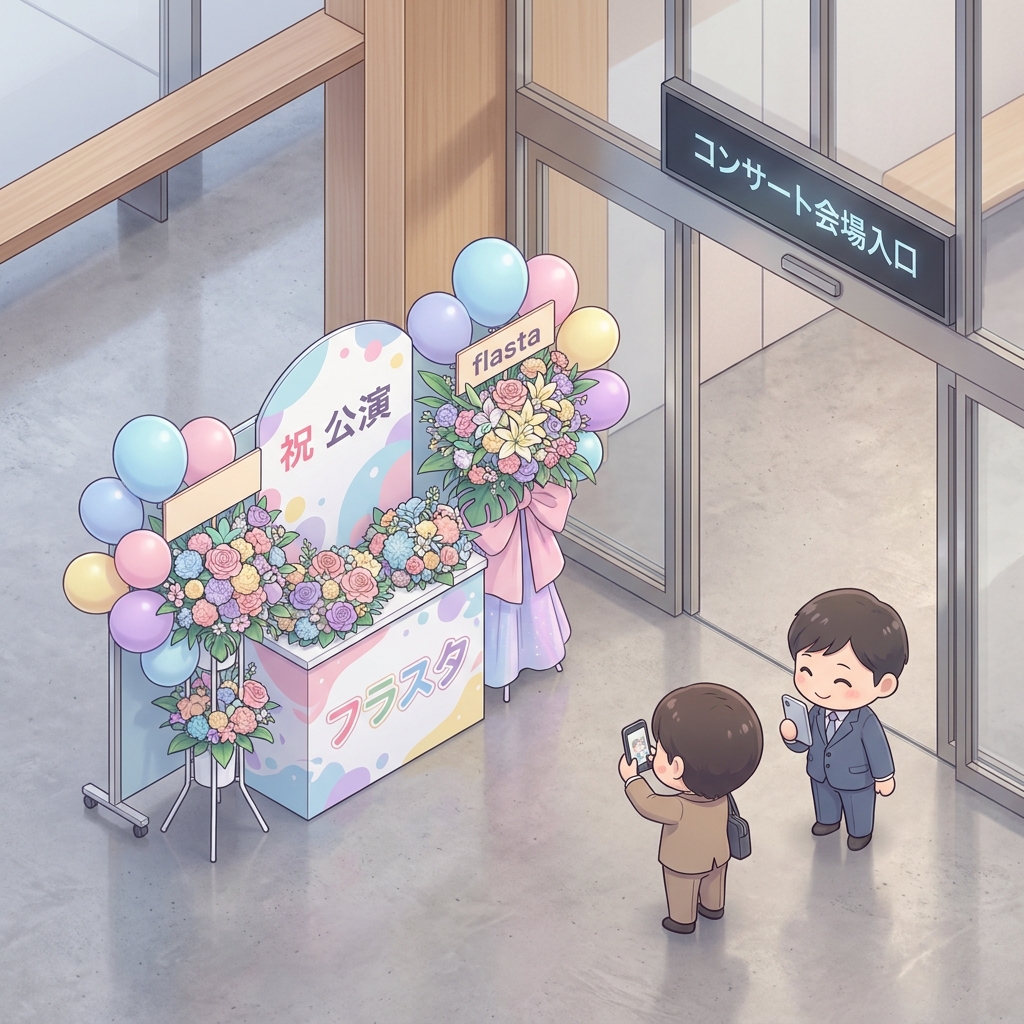A beautiful colorful flower stand (flasta) displayed at a concert hall entrance, decorated with balloons, custom panels,
