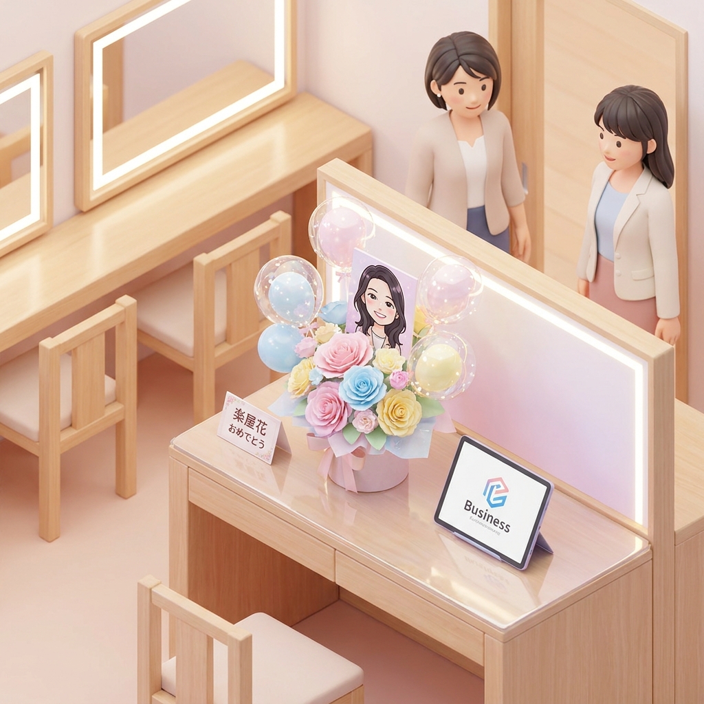 A beautiful, customized dressing room flower arrangement (gakuya-bana) featuring pastel flowers, delicate balloons, and