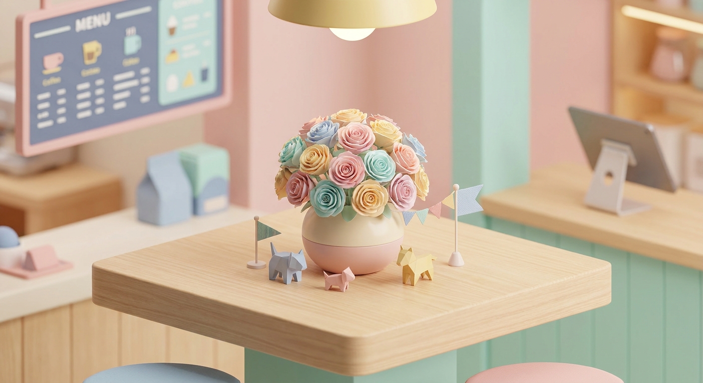 A lovely table flower arrangement with pastel colored roses and cute decorations, perfect for a cafe event