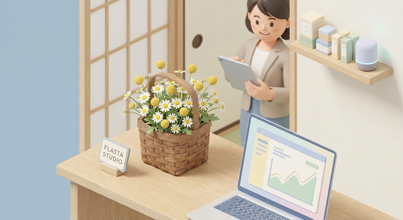 A charming tabletop flower arrangement (takujou flasta) with chamomile flowers and small yellow accents in a rustic wood