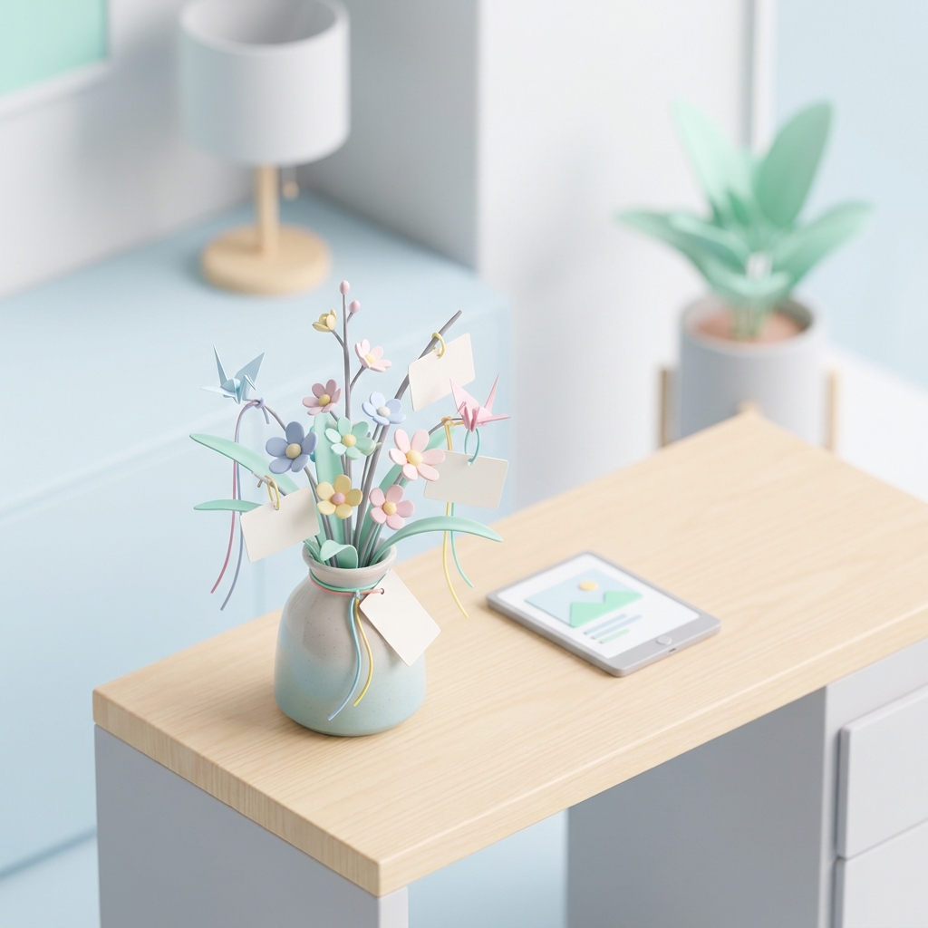 A close-up of a customized table-top flower arrangement with message cards, colorful ribbons, and charming decorations,