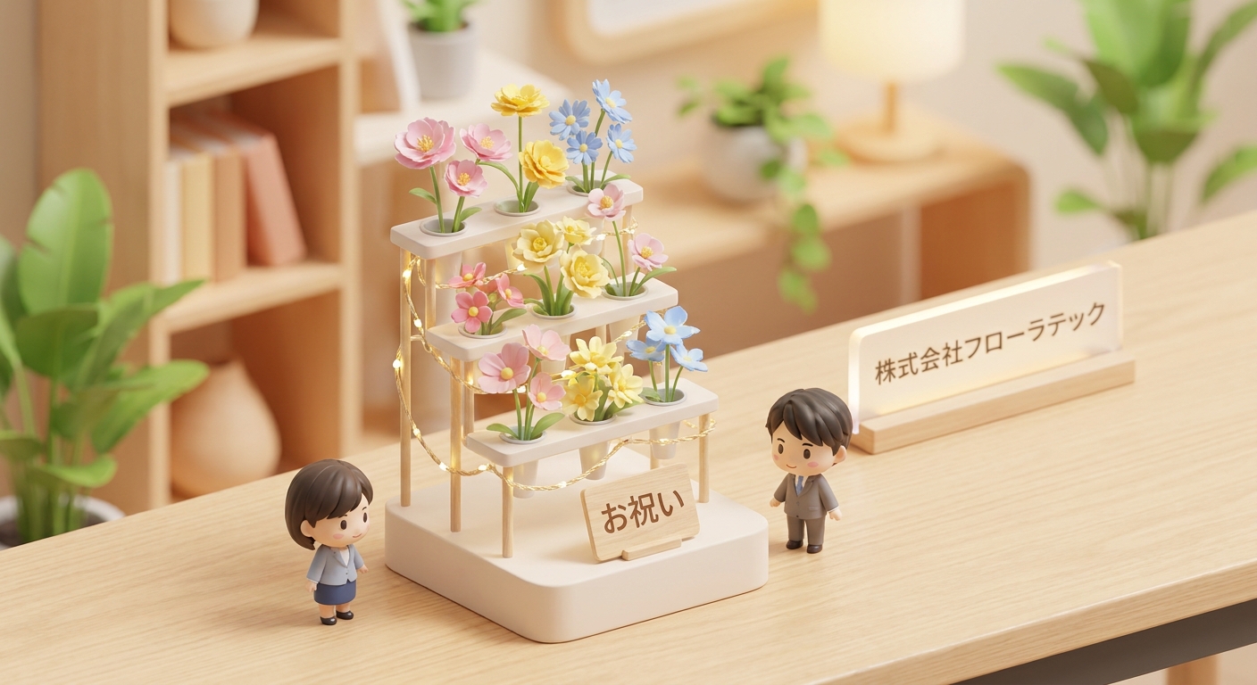 A beautiful tabletop flower stand (mini-flasta) with delicate flowers, lights, and a small message card, placed on a woo