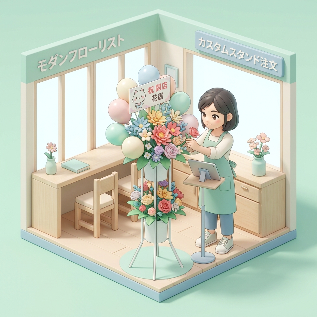 A professional florist carefully assembling a grand flower stand in a bright workshop, arranging vibrant flowers, balloo