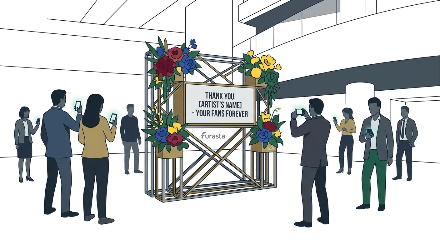 A grand, beautifully designed furasta (flower stand) in vibrant oshi colors (fan's favorite colors) prominently displaye