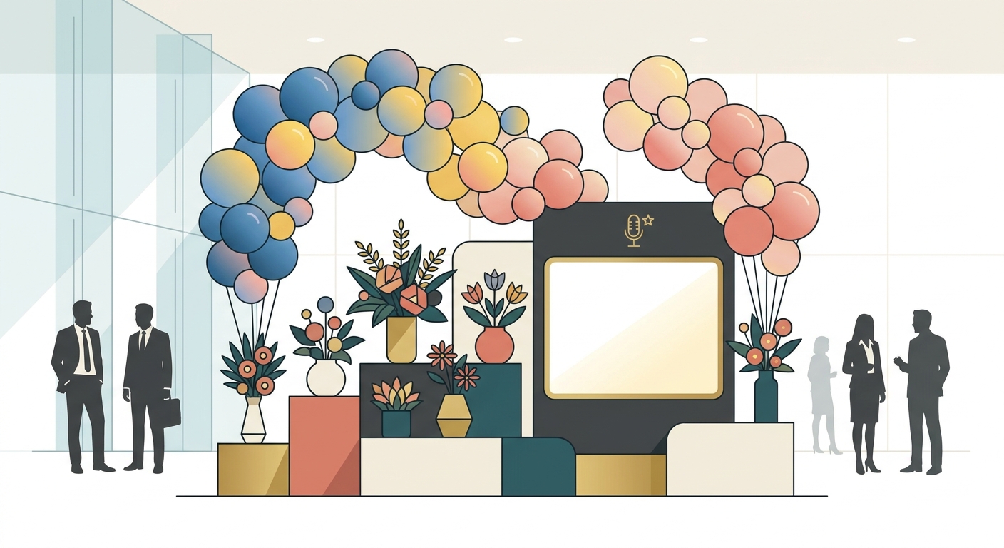 A vibrant, large balloon and flower stand (フラスタ) at an event entrance, featuring various colorful balloons, fresh flower