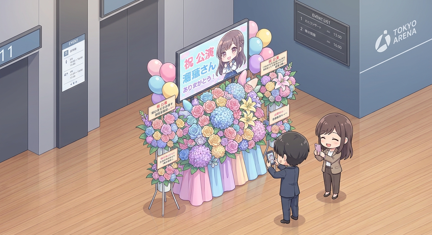 A colorful and gorgeous flower stand (flasta) with balloons and panels for an anime character or idol event, displayed i