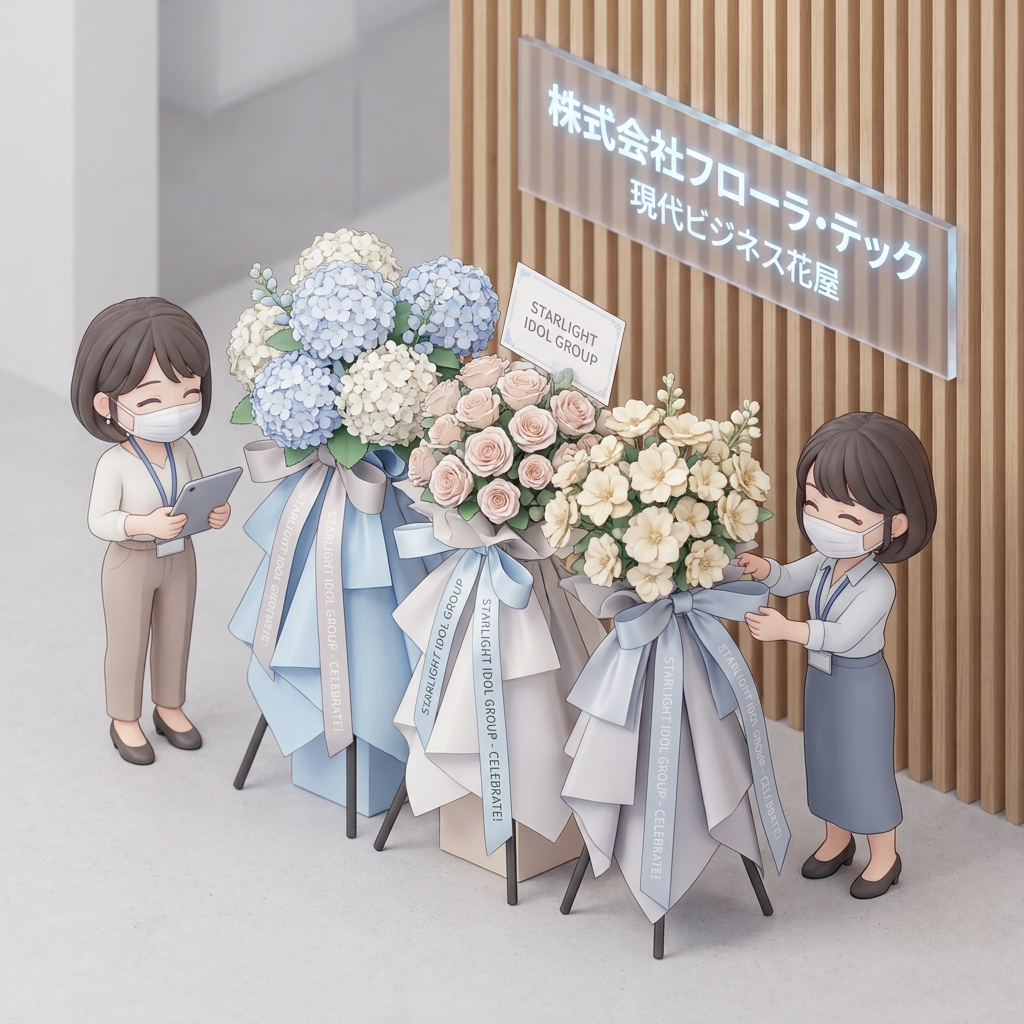 A close-up of a beautifully arranged flower stand with blue and white hydrangeas, roses, and custom-made satin ribbons, 