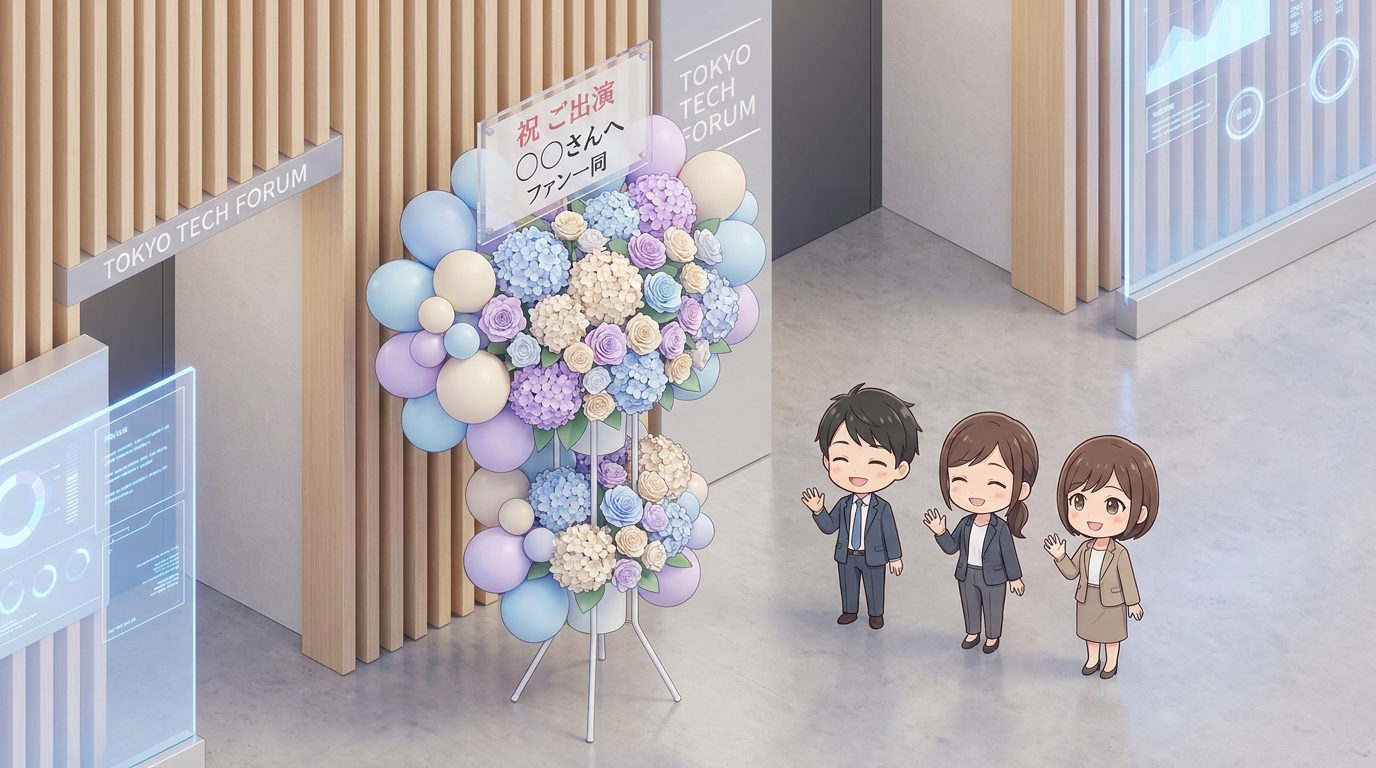 A gorgeous and colorful flower stand (flasta) dedicated to a Japanese idol, decorated with pastel blue and purple flower