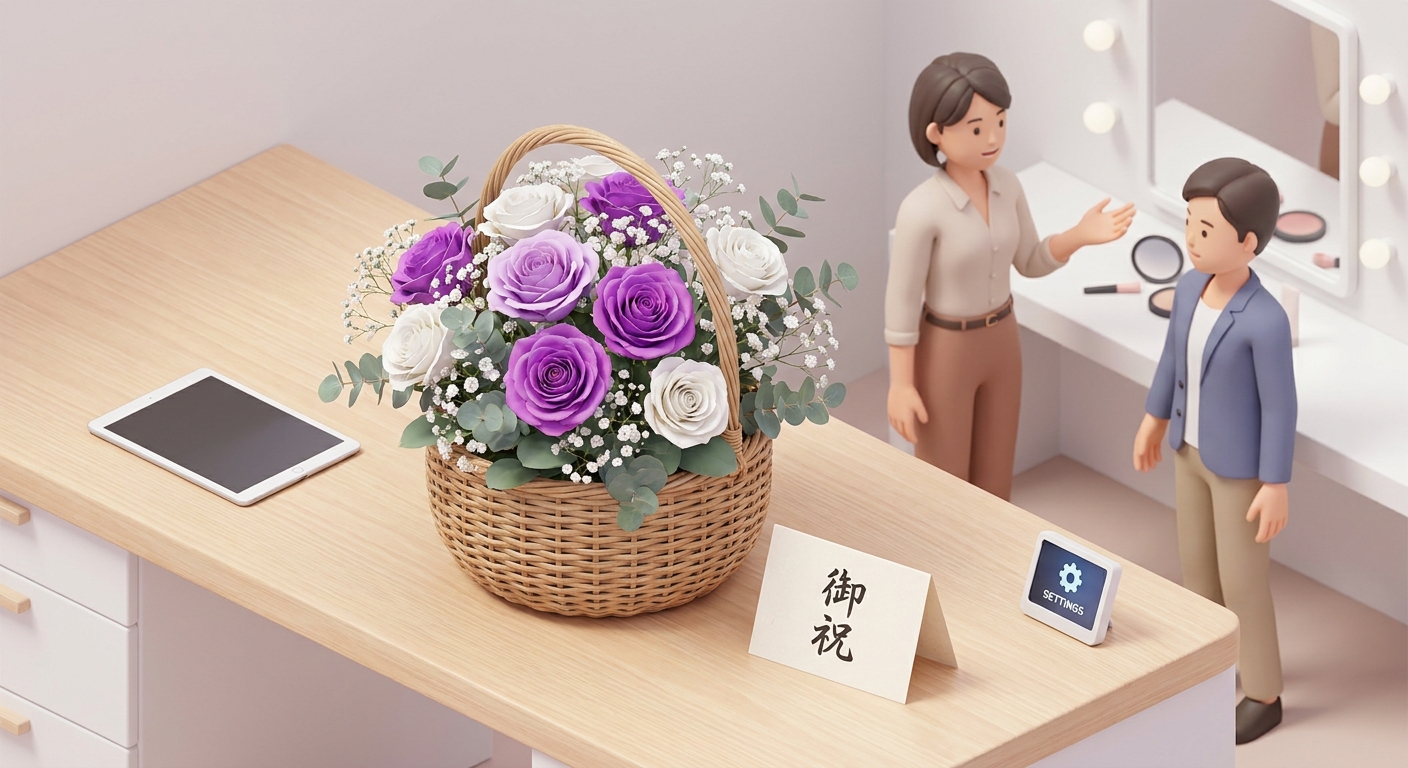 A beautiful table-top flower arrangement (gakuya-bana) in a chic basket, featuring vibrant purple and white roses, delic