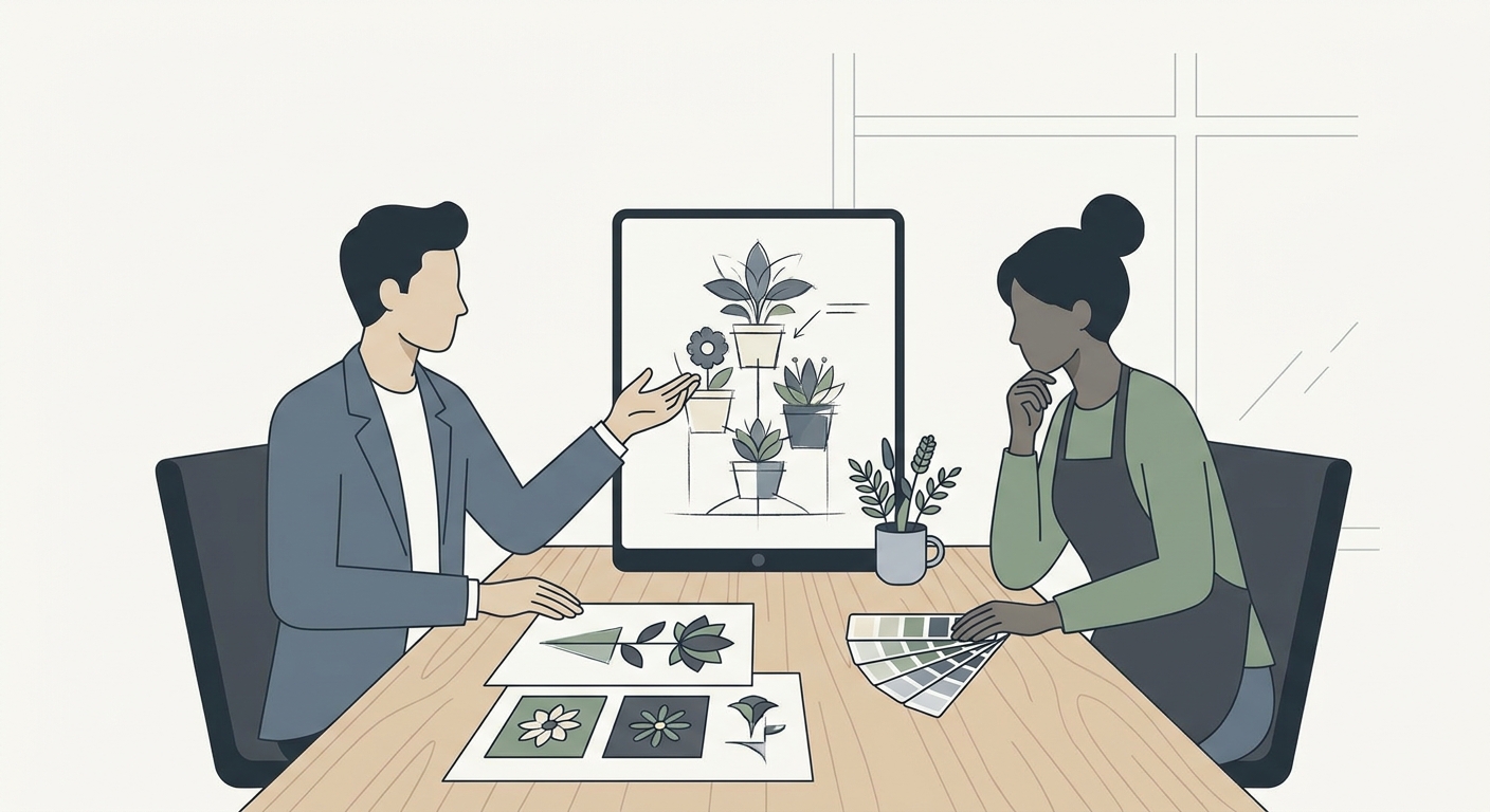 A person discussing a custom flower stand design with a florist, looking at sketches, flower samples, and color palettes