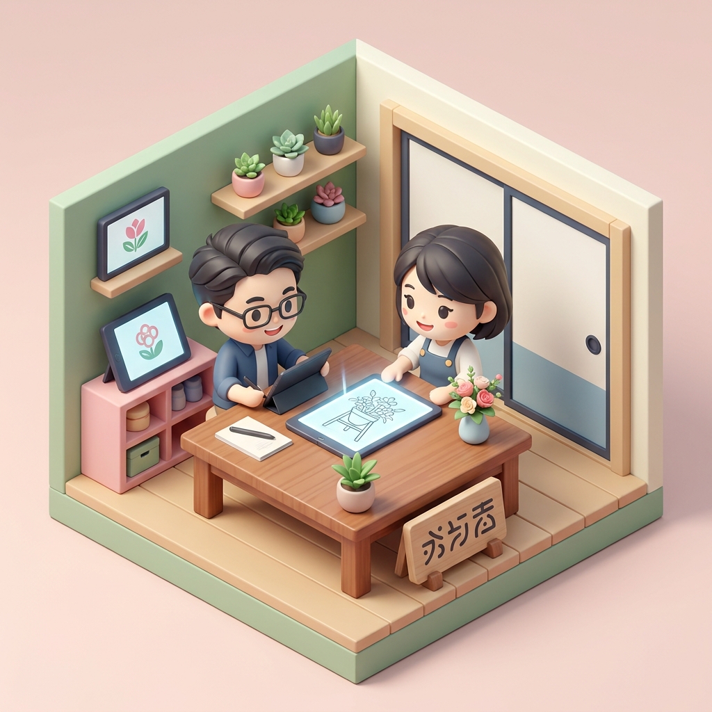 An illustrator and a florist collaborating on a design draft for an upcoming event flower stand