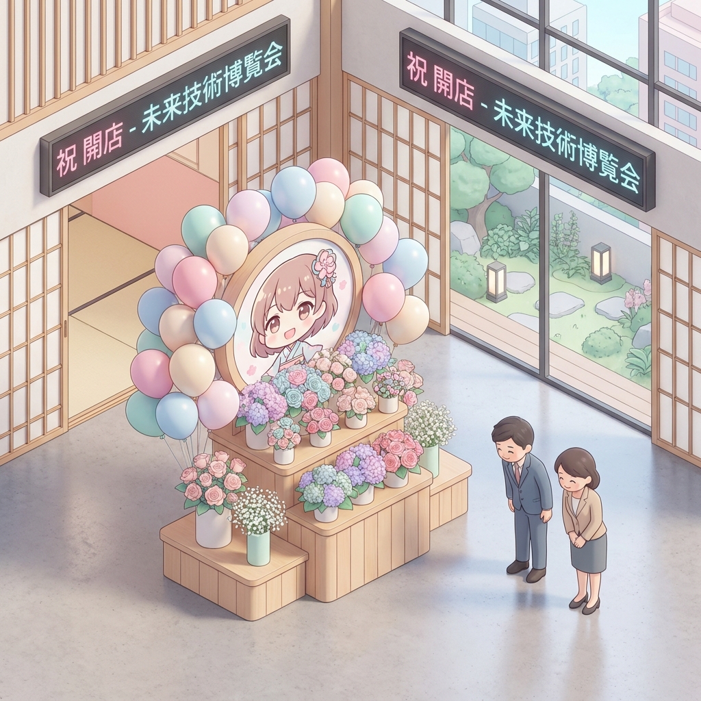 A gorgeous and colorful custom-made flower stand decorated with pastel pink and light blue flowers, balloons, and a cute