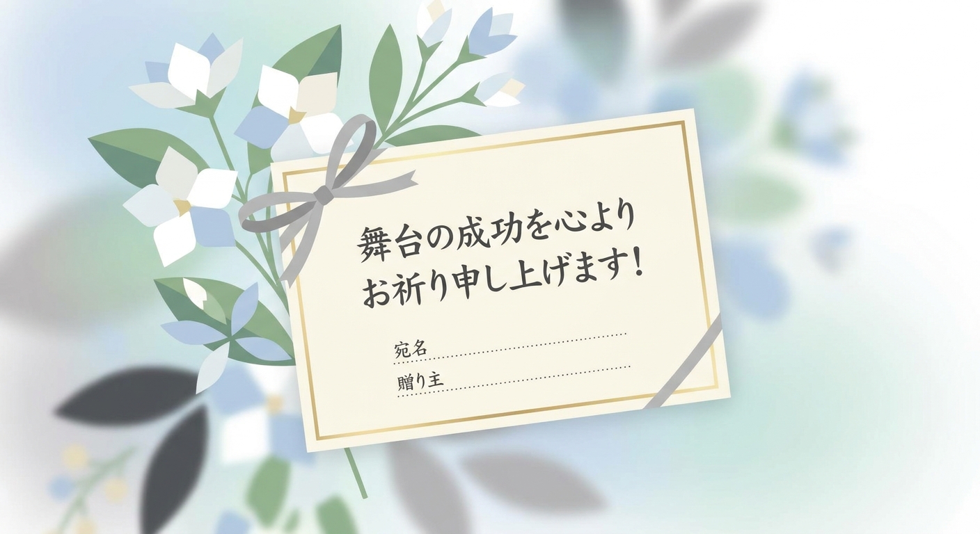 A close-up of a beautifully designed small message card attached to a compact dressing room flower arrangement. The card
