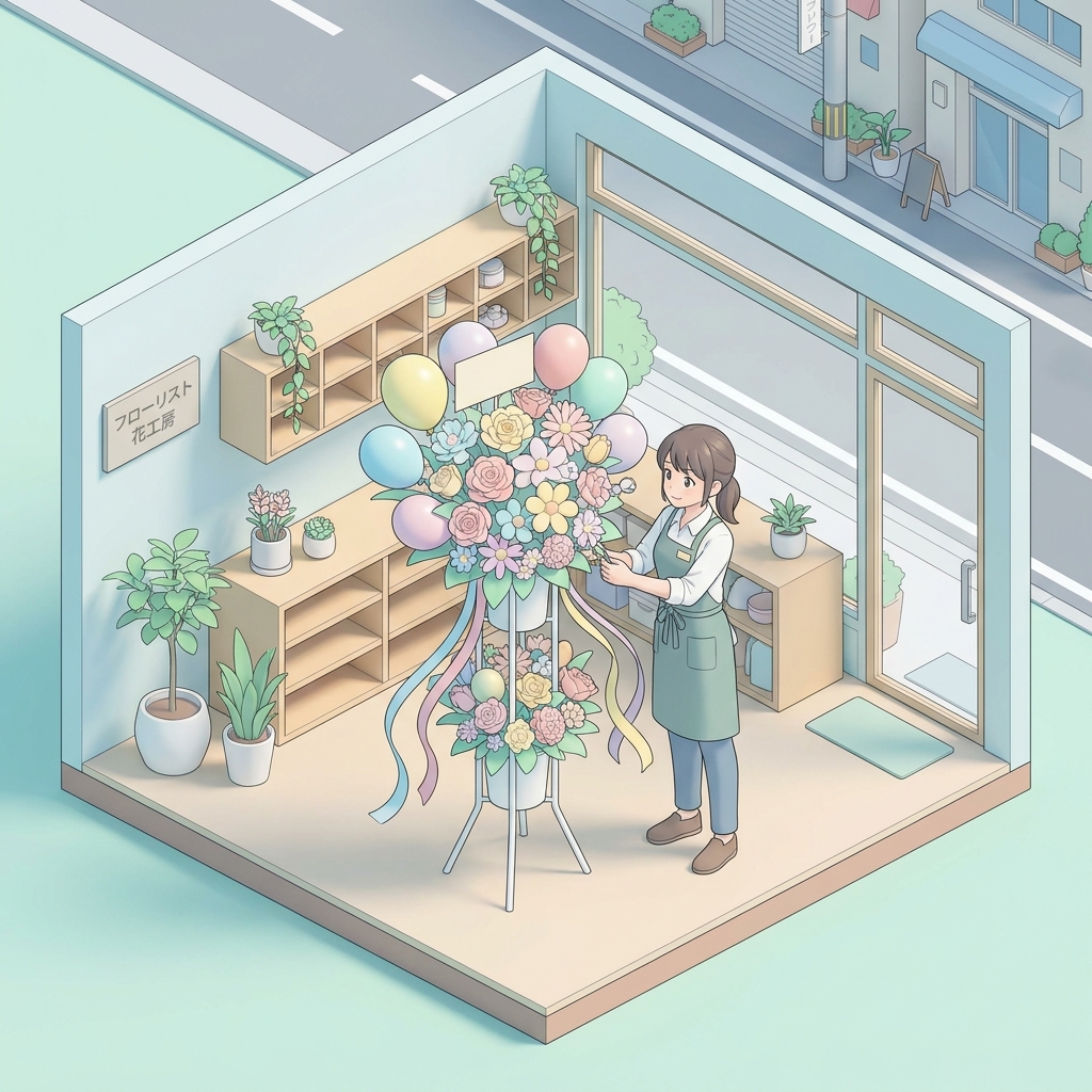 A florist carefully arranging a grand double-tiered flower stand with colorful balloons and elegant ribbons in a spaciou