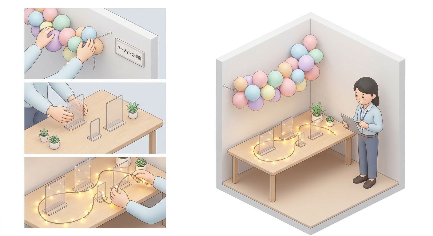 A step-by-step process of decorating a room for a party, showing hands hanging a balloon garland on the wall and arrangi