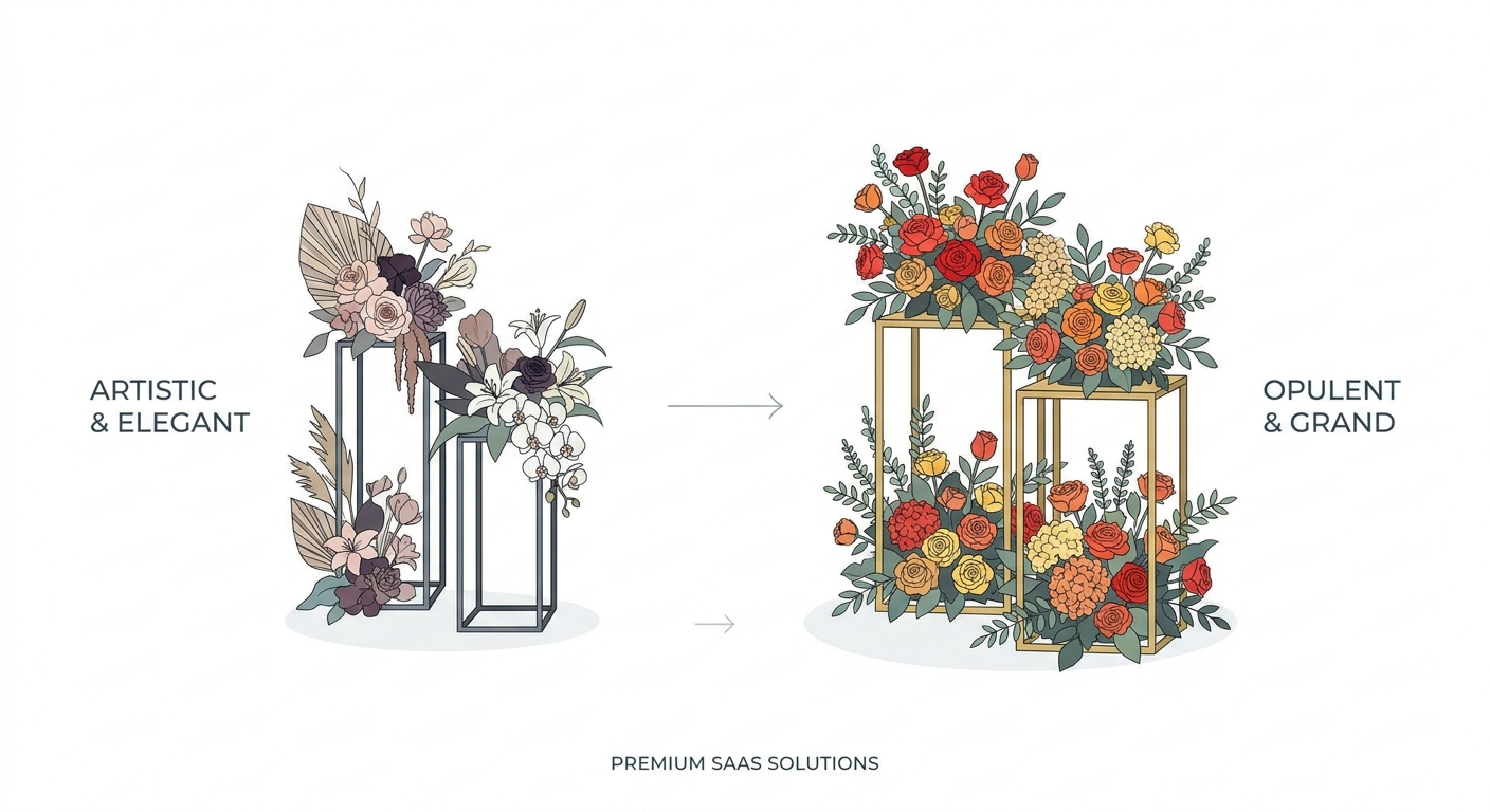 A collage or side-by-side comparison of two distinct flower stands. One is a moderately sized, elegant and artistic flow