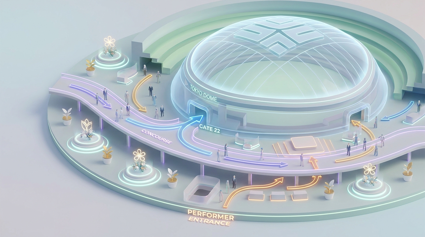 An infographic-style map of the Tokyo Dome interior, highlighting the main areas where flower stands are typically place