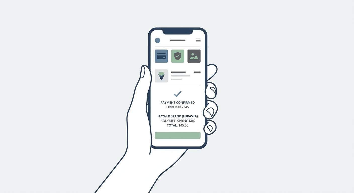 A hand holding a smartphone, confirming an online flower stand (furasta) order with a payment screen and a summary of th