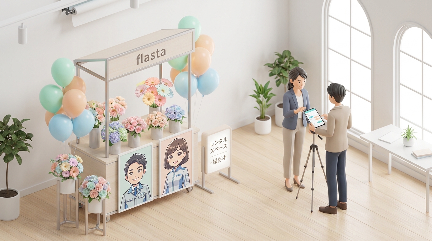 A close-up of a vibrant flower stand (flasta) with custom character panels and colorful balloons inside a bright rental 