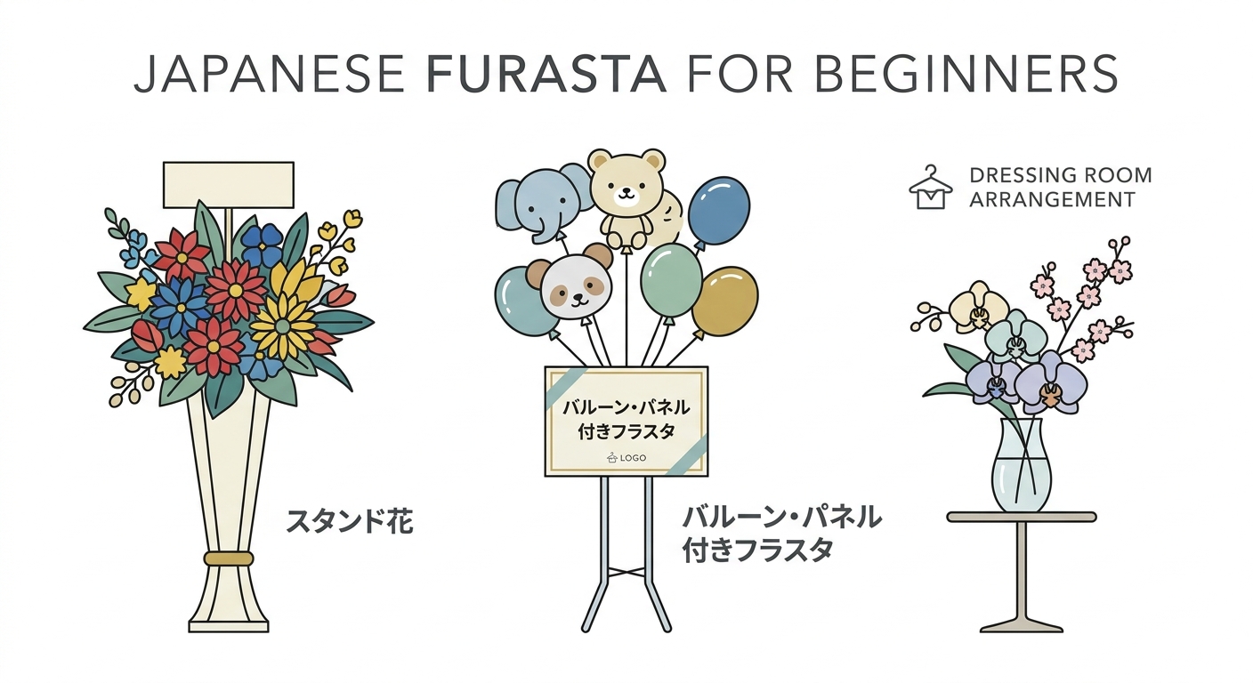 A collage showing different types of Japanese flower stands (furasta) for beginners, including a classic large stand wit