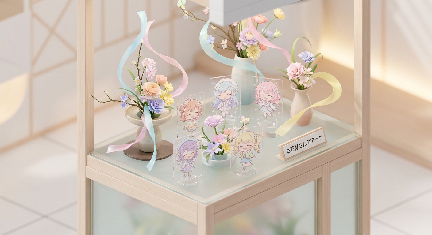 Close-up of a beautifully decorated flower stand with customized character acrylic panels, elegant flower arrangements,