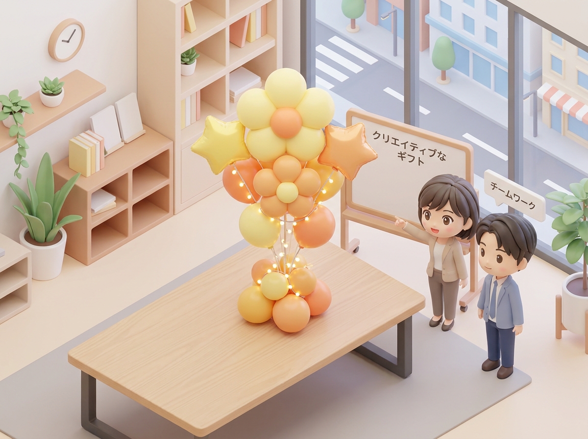 A creative tabletop balloon flower stand with bright yellow and orange theme, decorated with star balloons, customized m