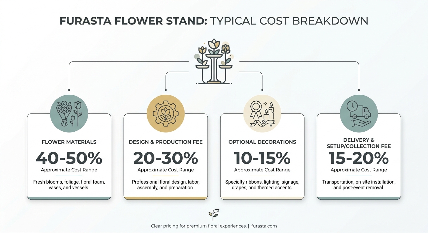 A clear and concise infographic illustrating the typical cost breakdown of a flower stand (furasta). It should show sect