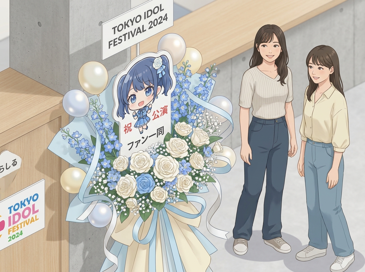 A close-up of a well-designed idol flower stand, highlighting a custom-printed character panel surrounded by matching bl