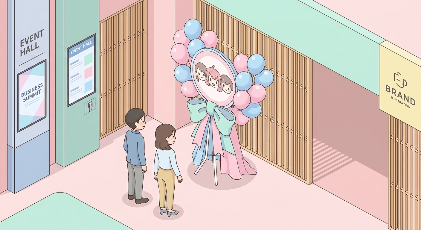 A gorgeous and colorful custom flower stand (flasta) decorated with pastel pink and blue balloons, ribbons, and a charac