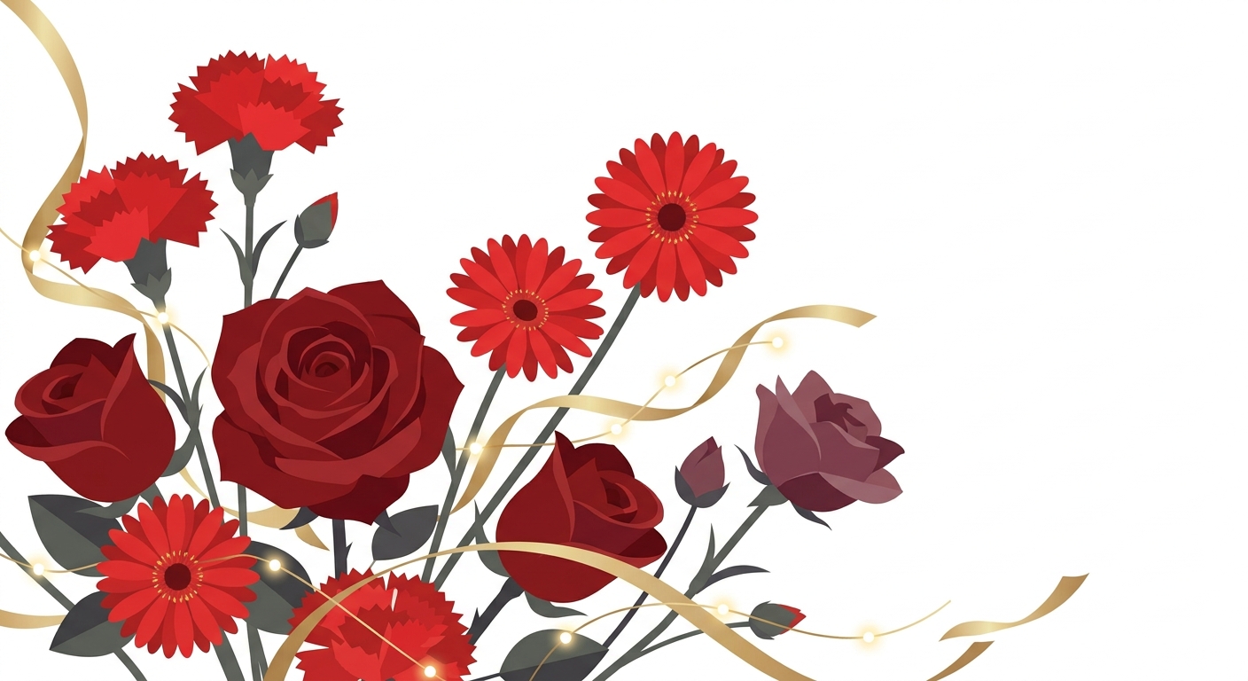 Close-up view of a luxury red flower stand (floresta) focusing on the diverse red flowers like deep red roses, bright re