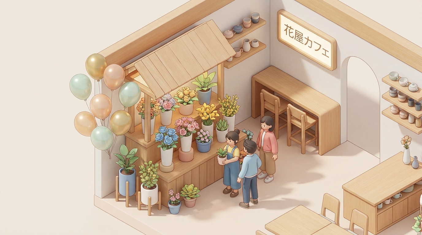 A beautiful colorful flower stand with balloons in a cozy concept cafe setting, vibrant colors, festive atmosphere