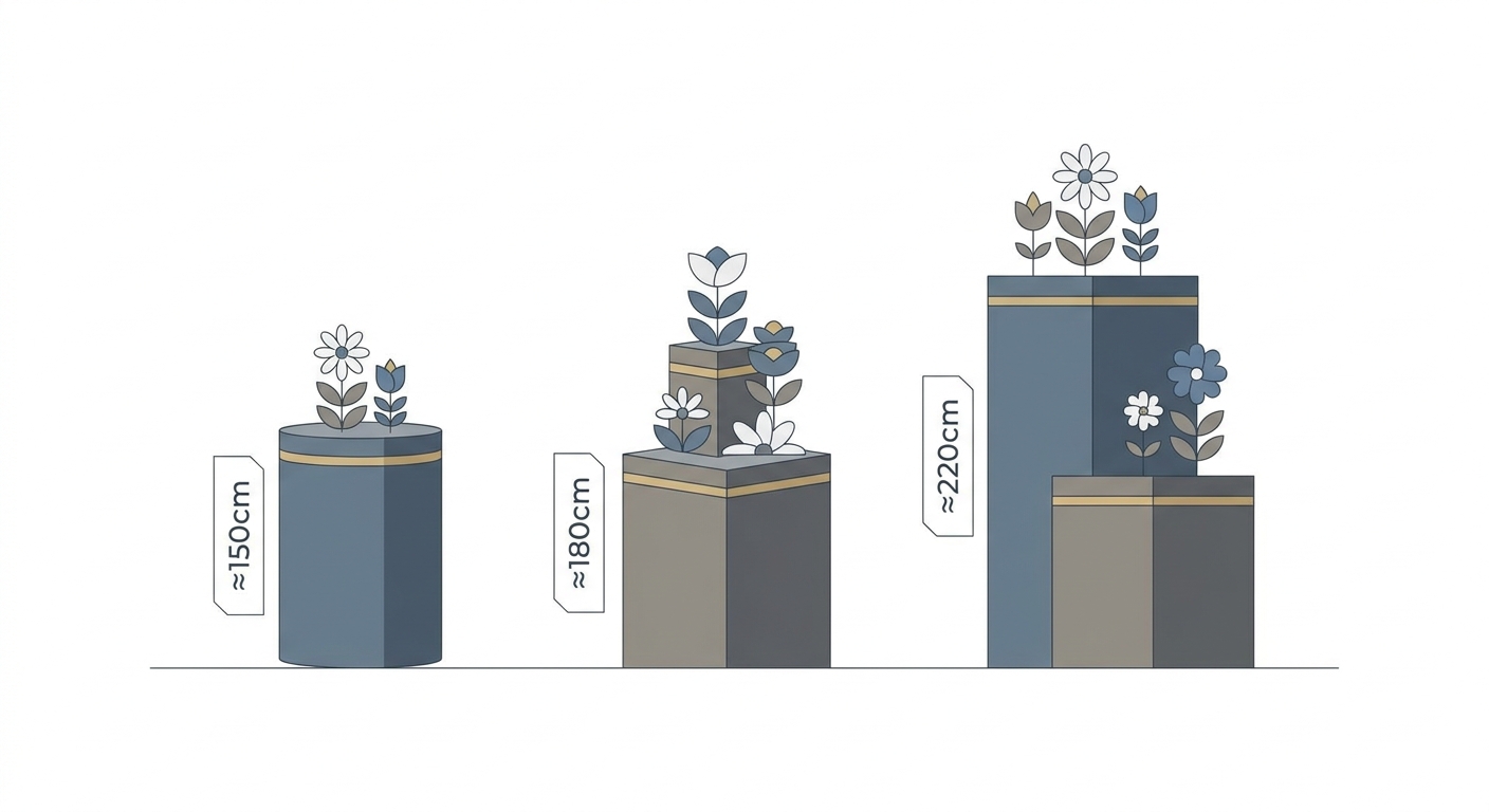 Illustration showing three flower stands of different sizes (small/one-tier, medium/one-tier with more volume, large/two