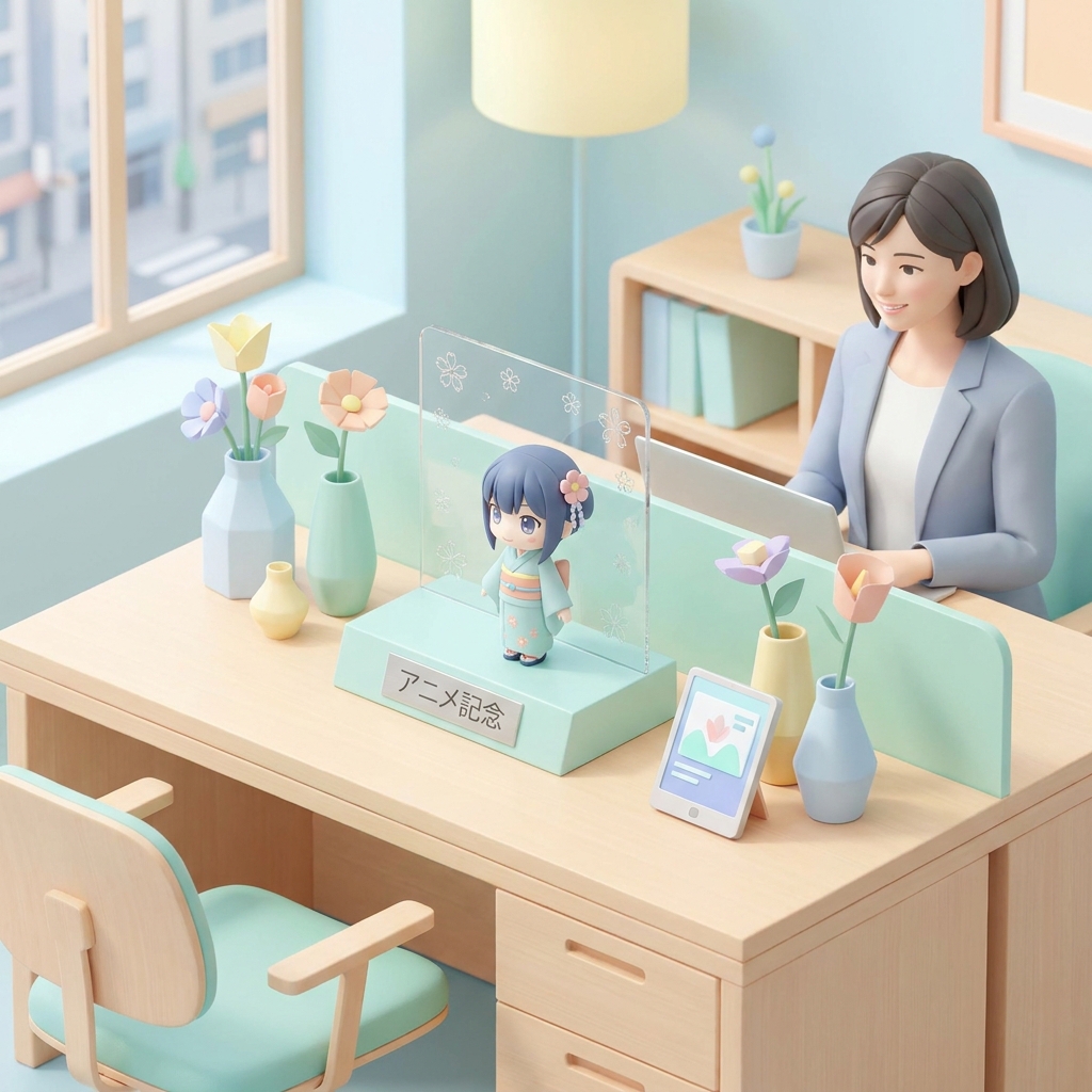 A subtle decorative desk arranging flower setup with custom acrylic panel and stylized flower concept for anime characte