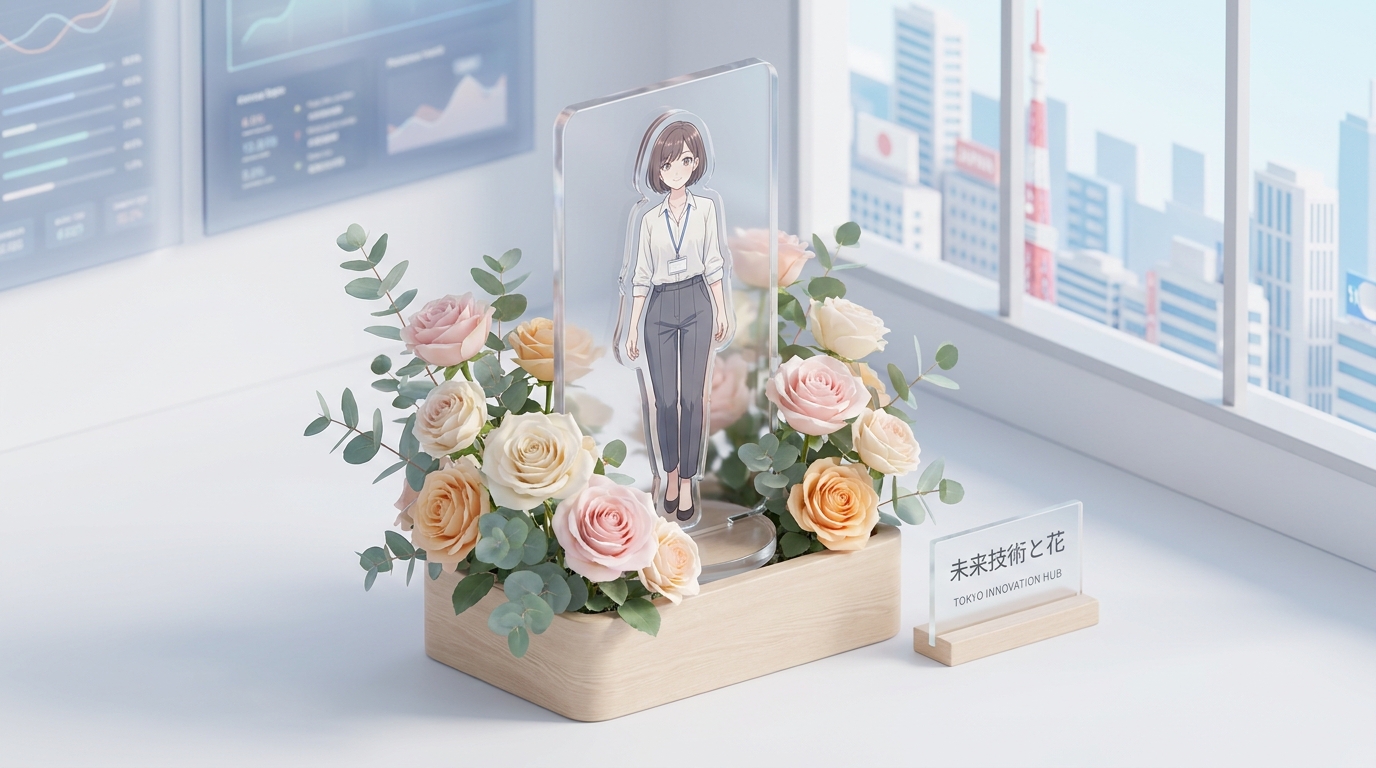 A close-up of a high-quality acrylic character panel and beautiful fresh roses on a flower stand, showing meticulous cra
