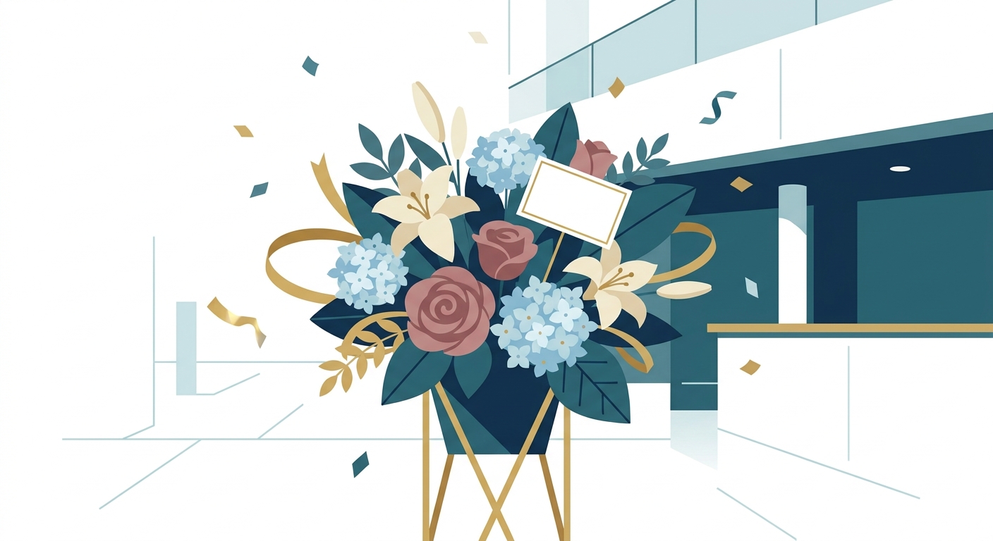 A vibrant, large floral stand (furasta) with a celebrity's name card, placed in a concert hall lobby, full of colorful f
