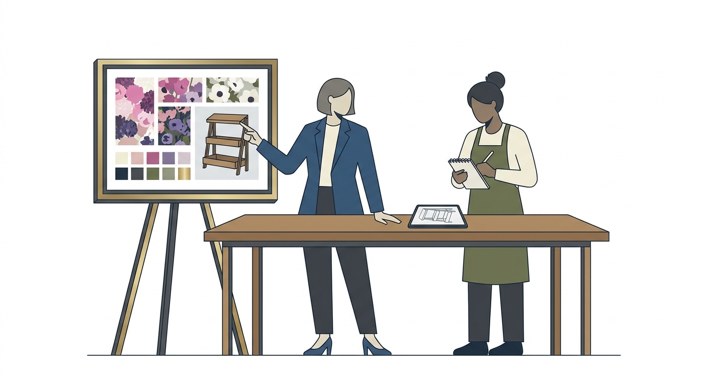 A person discussing flower stand design details with a florist, pointing at a mood board with flower samples and color s