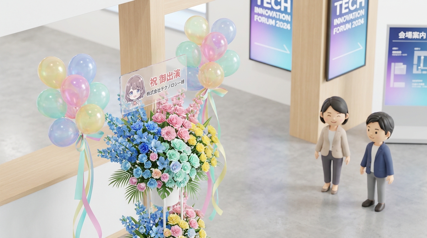 A close-up of a vibrant flower stand (flasta) with colorful balloons, ribbons, and a customized character acrylic panel,