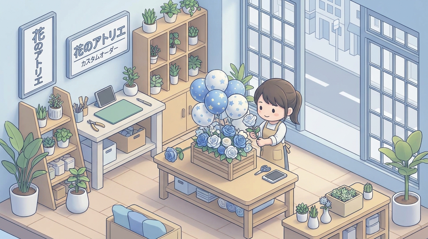 A professional florist carefully assembling a custom flower stand with blue and white roses, adding starry balloons, ins