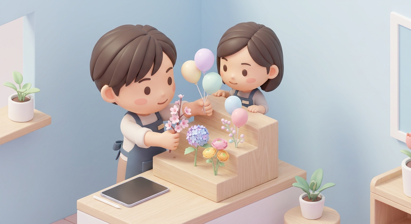 An artist or florist carefully assembling a multi-colored balloon and flower stand arrangement, showing attention to det
